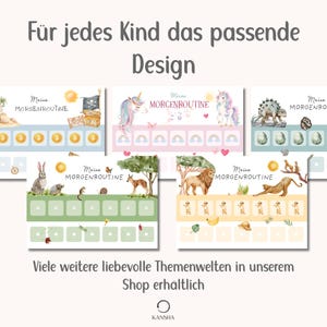 May include: Five rectangular charts titled Meine MORGENROUTINE featuring illustrations of pirates, unicorns, dinosaurs, forest animals, and safari animals. Each chart includes rows of small squares for tracking daily tasks and activities.
