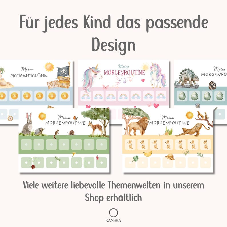 May include: Five rectangular charts titled Meine MORGENROUTINE featuring illustrations of pirates, unicorns, dinosaurs, forest animals, and safari animals. Each chart includes rows of small squares for tracking daily tasks and activities.