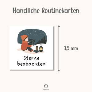 May include: A square routine card featuring the text Handliche Routinekarten and Sterne beobachten. The illustration shows a person in an orange hat and jacket looking at a star chart under a night sky with a lantern. A 3.5 mm measurement is indicated.