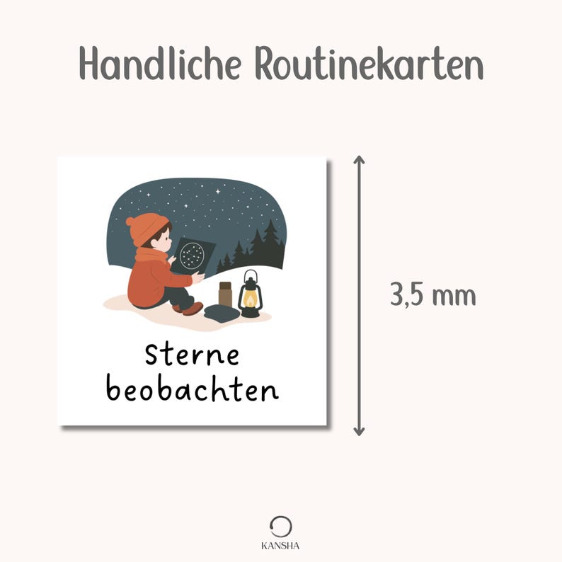 May include: A square routine card featuring the text Handliche Routinekarten and Sterne beobachten. The illustration shows a person in an orange hat and jacket looking at a star chart under a night sky with a lantern. A 3.5 mm measurement is indicated.
