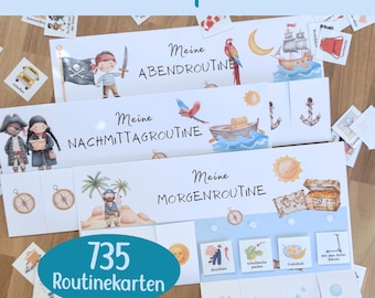 May include: A set of white routine planner charts featuring pirate-themed illustrations including ships, treasure chests, and characters. The charts are labeled Meine Abendroutine, Meine Nachmittagsroutine, and Meine Morgenroutine, accompanied by numerous small square cards with various icons and German text labels.