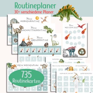 Peut inclure: Une collection de planificateurs de routine et de cartes sur le thème des dinosaures avec des illustrations à l'aquarelle de divers dinosaures, volcans et météores. Le texte inclut Routineplaner, 30+ verschiedene Planer et 735 Routinekarten.