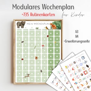 Peut inclure: Un tableau de planification hebdomadaire modulaire dans un cadre en bois avec le texte "MEIN WOCHENPLAN" et des cases vertes. Il présente des illustrations d'un ours, d'un renard, d'un oiseau, d'un écureuil, d'un lapin et d'éléments forestiers.
