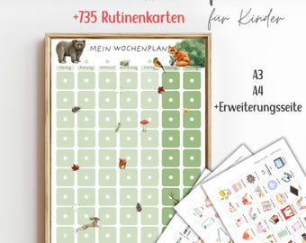 May include: A modular weekly planner chart in a wooden frame with the text "MEIN WOCHENPLAN" and green grid squares. It features illustrations of a bear, fox, bird, squirrel, rabbit, and forest elements. Includes additional sheets of small routine cards.