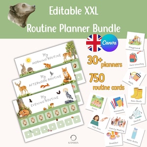 Könnte beinhalten: Ein bearbeitbares XXL-Routineplaner-Paket mit einer Bärenillustration, dem Text Editable XXL Routine Planner Bundle, 30+ planners, 750 routine cards sowie verschiedenen Aktivitätskarten wie Playground, Pack Schoolbag, Math und Homework.
