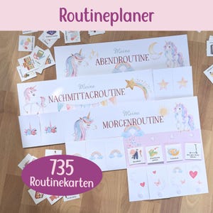 Peut inclure: Un ensemble de trois tableaux de planification de routine blancs avec des illustrations de licornes et le texte allemand Meine Abendroutine, Meine Nachmittagsroutine et Meine Morgenroutine. Inclut de nombreuses petites cartes carrées.