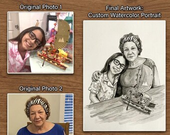 Retrato personalizado em memória de um ente querido falecido, adicione a foto à pintura em aquarela, feita a partir de várias fotos, presente de condolências, lembrança artística para o luto.