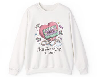 Moletom retrô com estampa de coração estilo mixtape dos anos 80, presente de Dia dos Namorados bordado
