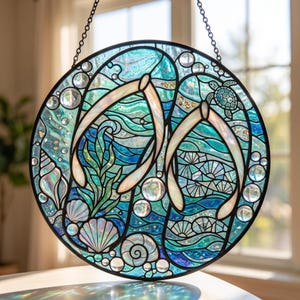May include: A circular stained glass suncatcher featuring a pair of flip-flops in shades of blue and teal. The design includes sea shells, a small sea turtle, and clear glass bubbles, all encased in a black metal frame with a hanging chain.