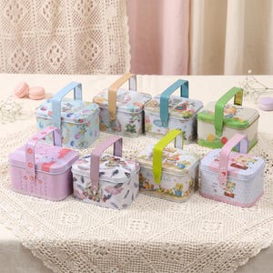 Cute Cartoon Mini Tin Box with Handle, Empty Metal Storage Case for Candy, Cookies, Party Favors, Kids Gift Box