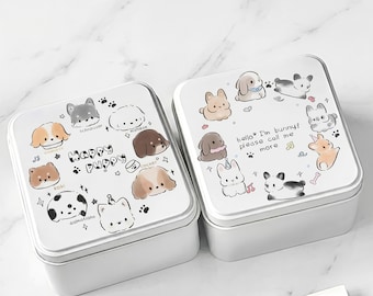 Cute Square Metal Storage Tin Box with Dog or Bunny Design | Large Capacity Organizer for Notes, Stickers, Desk & Small Gifts