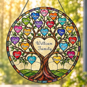 Personalized Glass Family Tree Suncatcher Metal Frame Stained Glass Window Hanging Custom Name Gift Decor