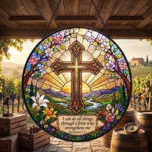 May include: A circular stained glass suncatcher featuring a central brown cross, a sunrise landscape with a river, and floral borders. A banner at the bottom displays the text: I can do all things through Christ who strengthens me Philippians 4:13.