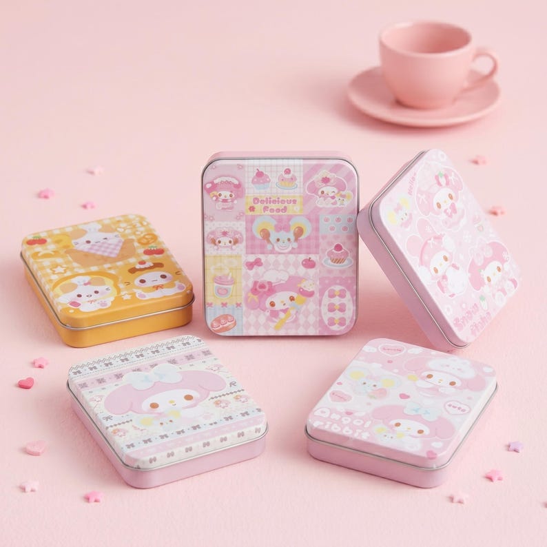 May include: An assortment of rectangular metal tins with colorful cartoon designs. The tins feature images of characters, food, and patterns in shades of pink, yellow, and white. A pink teacup and saucer are in the background.