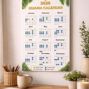 May include: A 2026 Hijama calendar with a white background, featuring monthly grids with color-coded days. The calendar is adorned with green palm leaf illustrations and sits on a wooden desk with a coffee cup, pencils, and a candle.