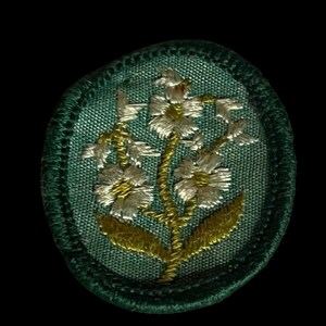 May include: An embroidered patch with a floral design. The patch has a teal background with a dark green border. The flowers are white with yellow and gold accents, and the leaves are gold. The patch is oval-shaped.
