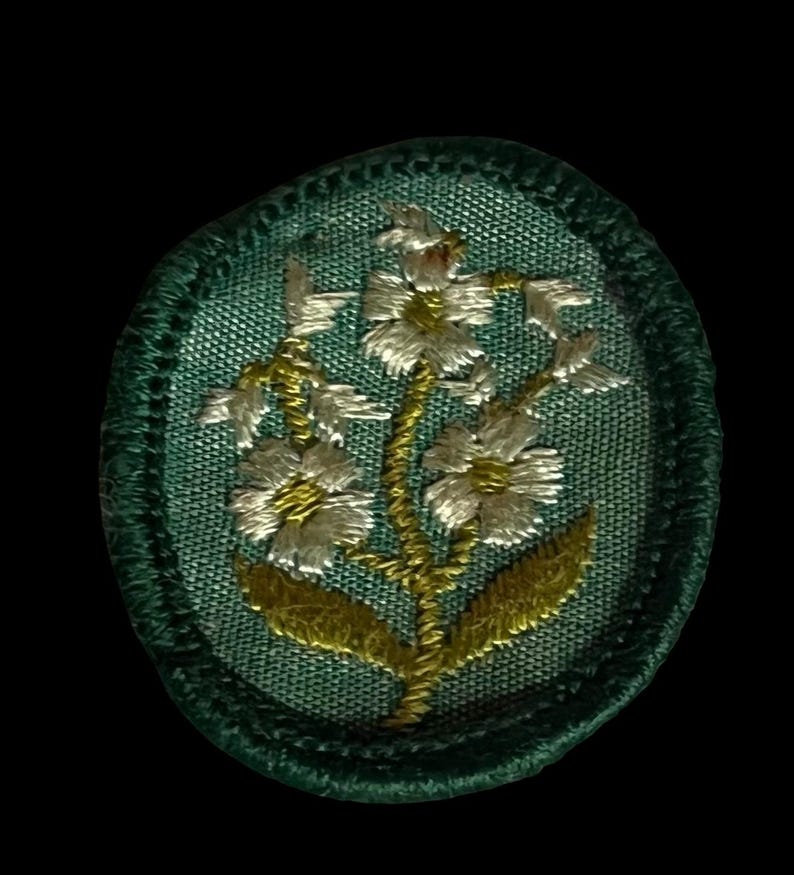 May include: An embroidered patch with a floral design. The patch has a teal background with a dark green border. The flowers are white with yellow and gold accents, and the leaves are gold. The patch is oval-shaped.