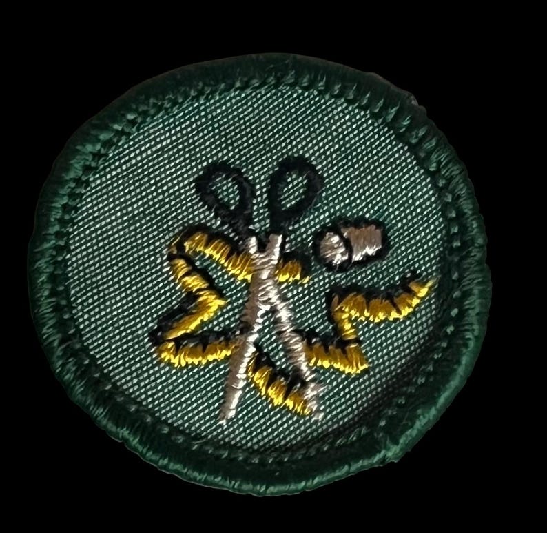 May include: A circular green embroidered patch with a pair of silver scissors, a yellow measuring tape, and a white thread spool. The patch is edged with green. The design is for sewing or tailoring.