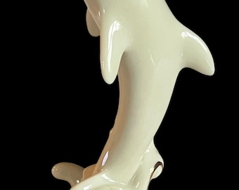 Vintage Lenox Ivory China Dolphin Figurine with 24K Gold Trim, Classic Miniatures Jumping Porpoise Coastal Decor, Sea Prancer Collectible