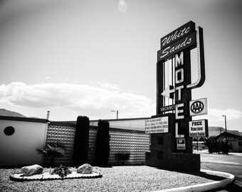 Neon Sign Photography, Motel Sign, Fine Art Photography, New Mexico Americana, Retro Wall Art, 8x10 Print, White Sands Motel Black and White