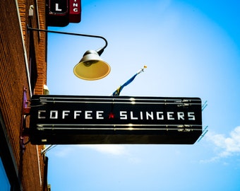 Oklahoma City Photography, Neon Sign, Buildings, Automobile Alley, Architecture, Downtown - Coffee Slingers Neon Sign