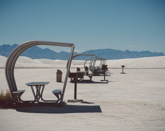 White Sands Photography, New Mexico Print, Fine Art Photography, Sand Dunes, Picnic Benches, Horizontal Print, White Sands Picnic Area