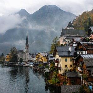 Austria, Alps, Mountain, Lake, Autumn, Fall, Fine Art Print Rainy Hallstatt image 1