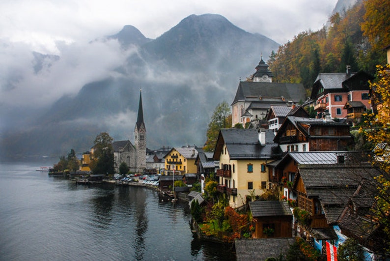 Austria, Alps, Mountain, Lake, Autumn, Fall, Fine Art Print Rainy Hallstatt image 1