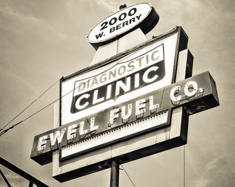 Fort Worth, Texas, Mechanic, Car, Shop, Gas Station, Ewell Fuel Co Neon Sign Sepia