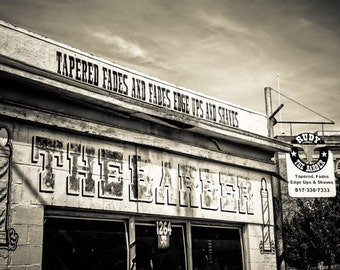Fort Worth, Texas, Metal Sign, Rustic, Vintage, Barber Shop, Rudy The Barber Storefront Sepia