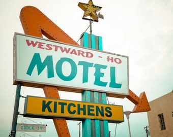 Neon Sign Photography, Motel Sign, Wall Art, Fine Art Photography, New Mexico Americana, Rustic Wall Art, Westward Ho Motel Sign