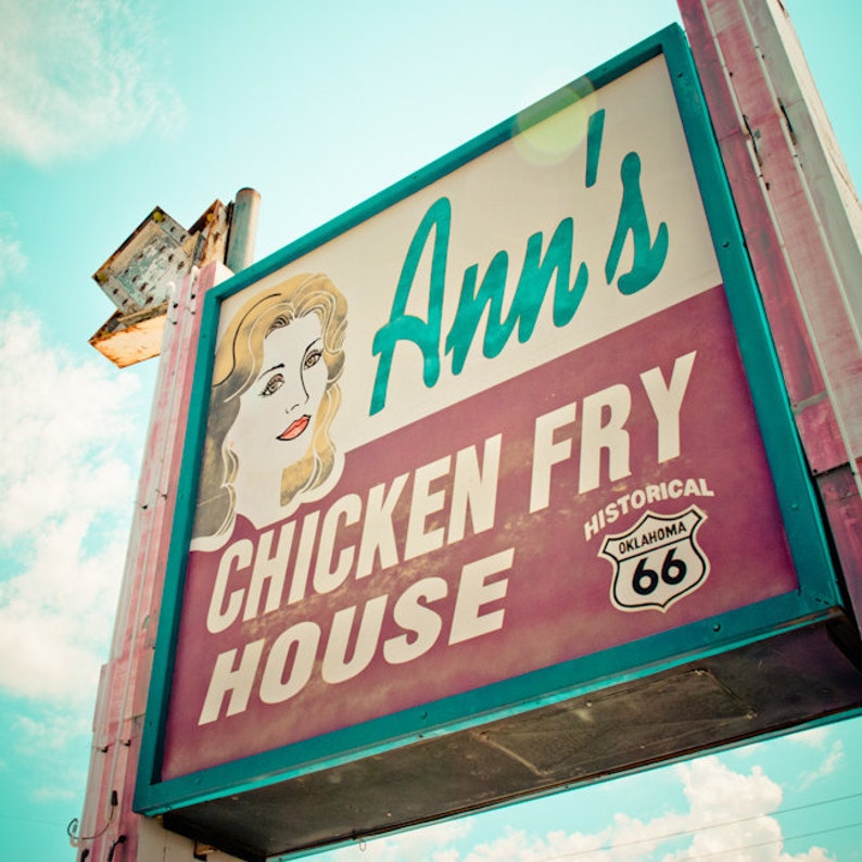 Route 66 Photography, Neon Sign, Vintage, Retro Roadside, Oklahoma City, Ann's Chicken Fry House image 1