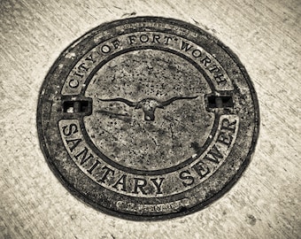 Fort Worth, Texas, Sanitary Sewer, Cast Iron, Longhorn, Fine Art Photograph, Sepia, Fort Worth Manhole Cover