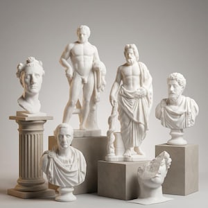 May include: A selection of white marble statues depicting classical figures, including busts and full-body sculptures. The statues are displayed on pedestals and blocks, showcasing various poses and historical styles. The sculptures depict Roman and Greek figures.