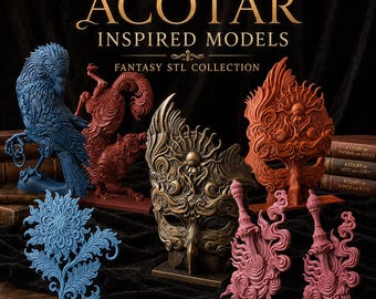 Könnte beinhalten: Eine Sammlung von ACOTAR INSPIRED MODELS FANTASY STL COLLECTION Figuren, darunter ein blauer Vogel, ein roter Wolf, eine bronzefarbene Maske, eine terrakottafarbene Maske, eine blaue Blumenskulptur und zwei rosa schwertartige Objekte mit Texturen.