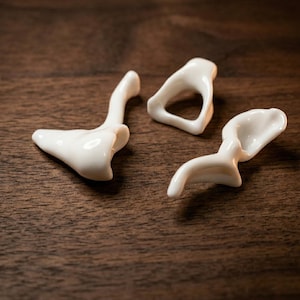 May include: Three white ceramic ear bones are displayed on a dark wood surface. The bones are smooth and have a glossy finish. The shapes are intricate and detailed, showcasing the delicate structure of the inner ear.