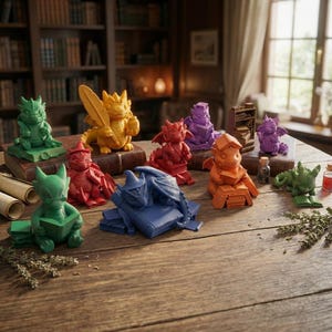 Könnte beinhalten: Eine Sammlung farbenfroher Drachenfiguren, jede mit einzigartigen Posen und Accessoires wie Büchern und einer Feder. Die Drachen sind in verschiedenen Farben, darunter Grün, Gelb, Rot, Lila, Orange und Blau, auf einem Holztisch angeordnet.