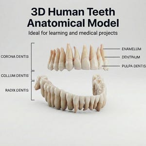Puede incluir: Un modelo anatómico 3D de dientes humanos, que muestra las arcadas dentales superior e inferior. El modelo está etiquetado con los términos "CORONA DENTIS", "COLLUM DENTIS" y "RADIX DENTIS". El texto "3D Human Teeth Anatomical Model" también es visible.