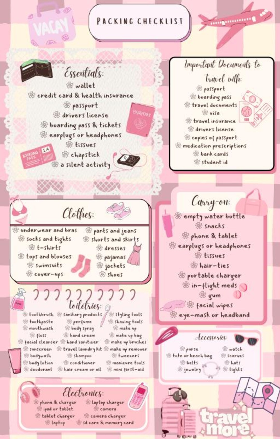 Cute Pink Travel Packing List Aesthetic Checklist Canva Traveling ...