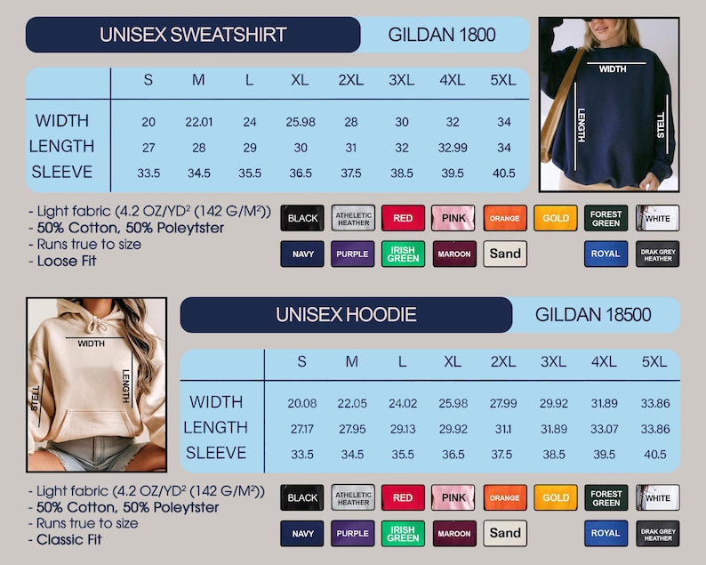 May include: A product chart for Gildan unisex sweatshirts and hoodies, including size, width, length, and sleeve measurements in inches. The chart also lists available colors and fabric details.