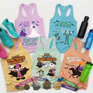 May include: Five racerback tank tops with Disney-themed graphics, including a lavender Eternal Waltz shirt, a teal Dig & Dash shirt, a yellow Spooktacular Challenge shirt, a light green 2026 Virtual Spooktacular shirt, and a peach Headless Horseman shirt.