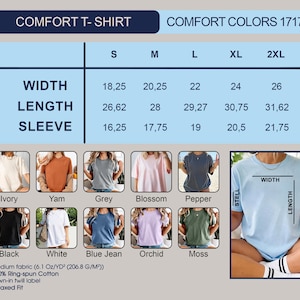 以下が含まれることがあります： 快適Tシャツのサイズチャートの製品画像。サイズはSから2XLまで、幅、長さ、袖の寸法が記載されています。色はアイボリー、ヤム、グレー、ブロッサム、ペッパー、ブラック、ホワイト、ブルージーン、オーキッド、モスがあります。寸法はセンチメートルで表示されています。