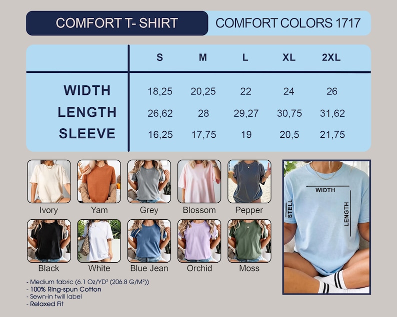 以下が含まれることがあります： 快適Tシャツのサイズチャートの製品画像。サイズはSから2XLまで、幅、長さ、袖の寸法が記載されています。色はアイボリー、ヤム、グレー、ブロッサム、ペッパー、ブラック、ホワイト、ブルージーン、オーキッド、モスがあります。寸法はセンチメートルで表示されています。