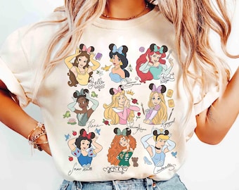 Camiseta de princesa Disney con diademas, camiseta de Disney Aurora, Ariel, Bella, Cenicienta, Tiana, viaje de chicas a Magic Kingdom Disneyland 2026