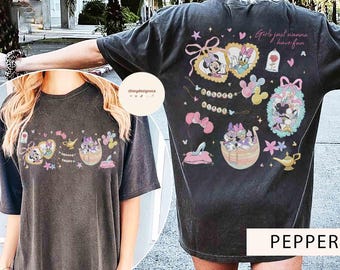 Maglietta con fiocco e castello magico "Minnie e Daisy" a tema Disney Besties, con stampa su entrambi i lati, maglietta "Girls Just Wanna Have Fun", ideale per un viaggio a Disneyland tra ragazze.