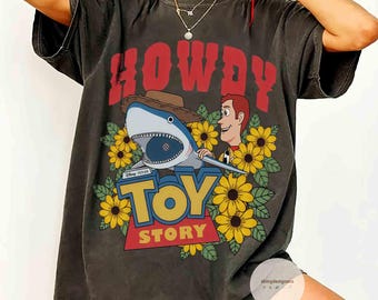 Disney Pixar Toy Story Shark & Woody Cowboy Floral T-Shirt, Pixar Toy Story Howdy Tee, Toy Story Land, Disneyland Family Vacation Trip Shirt