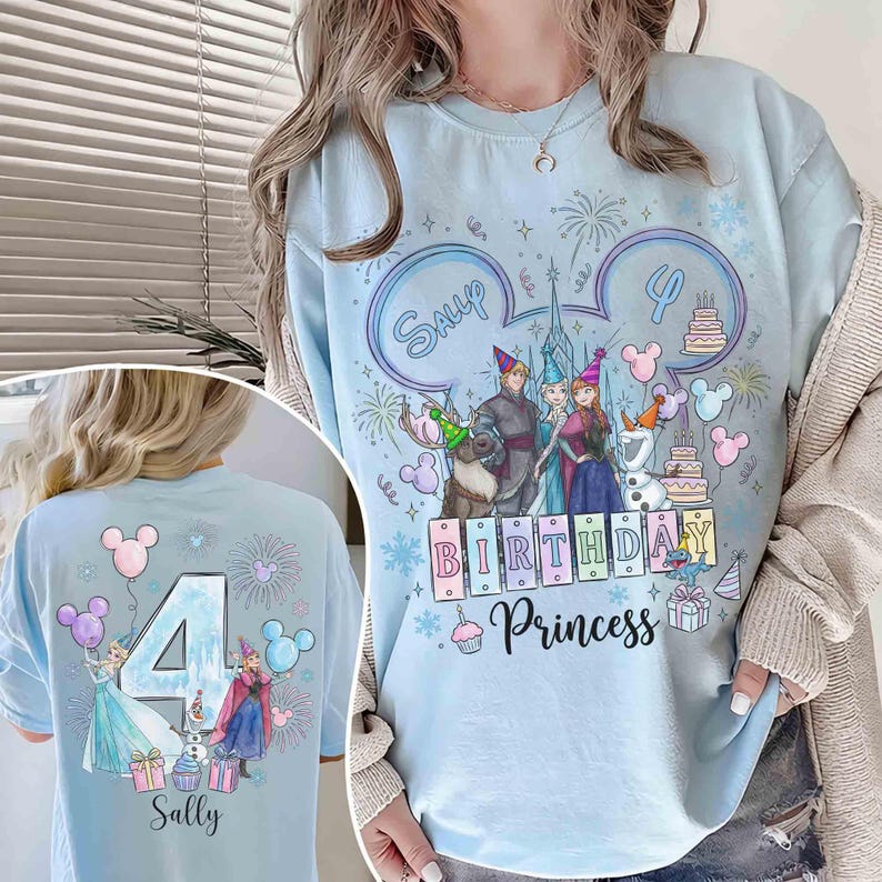 May include: A light blue crewneck sweatshirt featuring a graphic of characters from Frozen, including Elsa, Anna, Kristoff, and Olaf, with the text Sally, 4, and Birthday Princess, alongside Mickey-shaped balloons, fireworks, and birthday cakes.