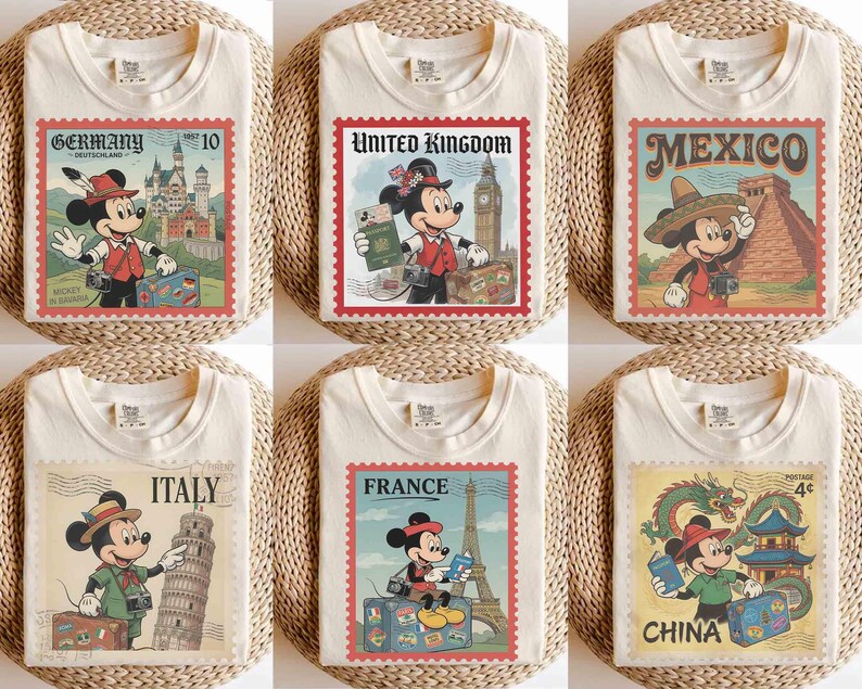 May include: Off-white t-shirts with Mickey Mouse travel stamp designs. Each shirt features a different country: Germany, United Kingdom, Mexico, Italy, France, and China. The stamps have a vintage look with detailed illustrations.