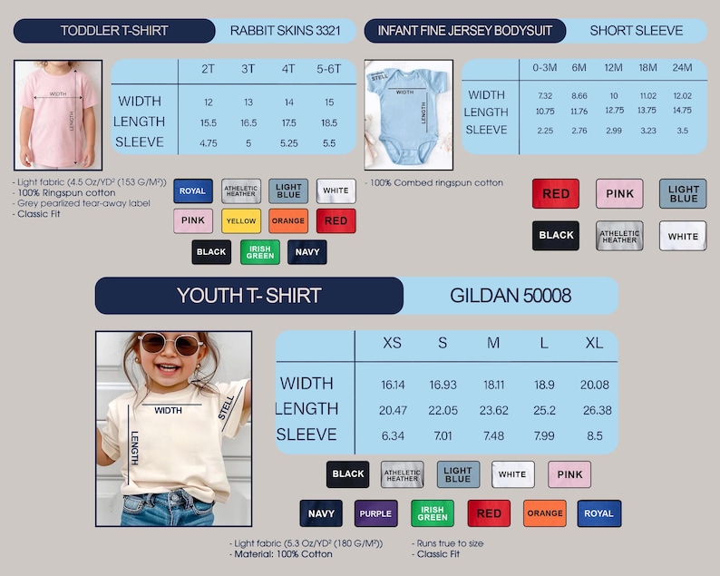 以下が含まれることがあります： 幼児、ベビー、ユースTシャツのサイズチャート。幅、長さ、袖丈の測定値はセンチメートルで表示されます。黒、白、ピンクなどのカラーサンプルも表示されています。