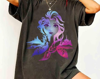 Disney Frozen 2 Elsa tweekleurig portret shirt met kleurovergang, Elsa Princess Comfort Colors T-shirt, cadeau voor haar, Arendelle Kingdom, WDW Girl Trip Gift
